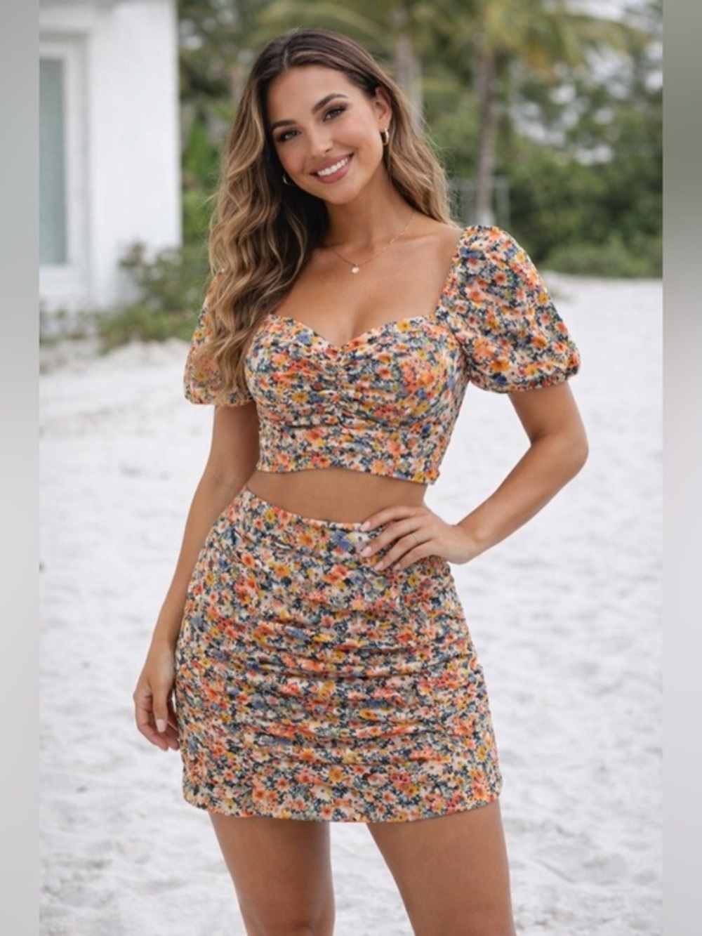 Haute Monde Floral Two Piece Set | Puff Sleeve Crop Top & Ruched Skirt | Size M